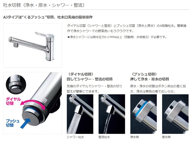 リフォーム後のキッチン(リクシルシエラS)につけたオールインワン浄水栓詳細